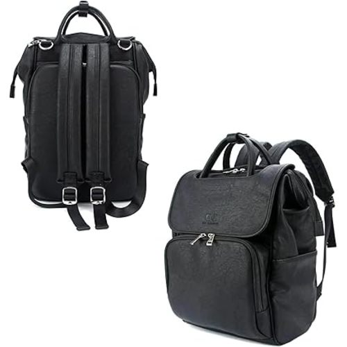 Citi Collective Explorer Black Diaper Bag Backpack - Vegan Leather Diaper Bag with Shoulder Strap, Insulated Bottle Pockets, Changing Pad, Stroller Clip- Versatile Diaper Bag for Baby