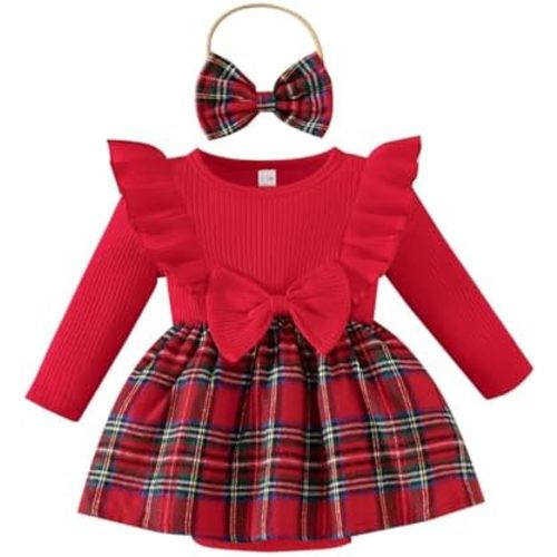 Magic Park 0-24M Baby Toddler Girls Ruffle Long Sleeve Bodysuit Ribbed Plaid Romper Dress Fall Winter Outfit with Headband
