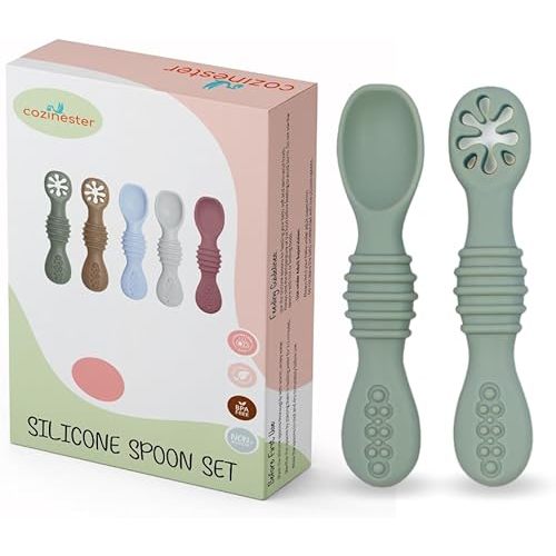 Silicone Baby Spoon & Pre-Spoon - Baby Spoons Self Feeding 6 Months, Bendable Toddler Utensils, Baby Led Weaning Supplies | BPA Free & Boil-proof (Set of 2) (Olive Green)