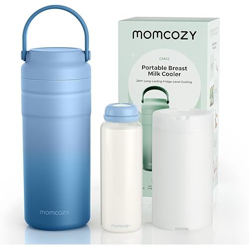 Momcozy Portable Breast Milk Cooler for Travel, 24H Ice-Free Cooling Breastmilk Storage Bottles Container, 12oz Leak Proof Outdoor Small Freezer, Baby Breastfeeding Essential for New Moms, Blue