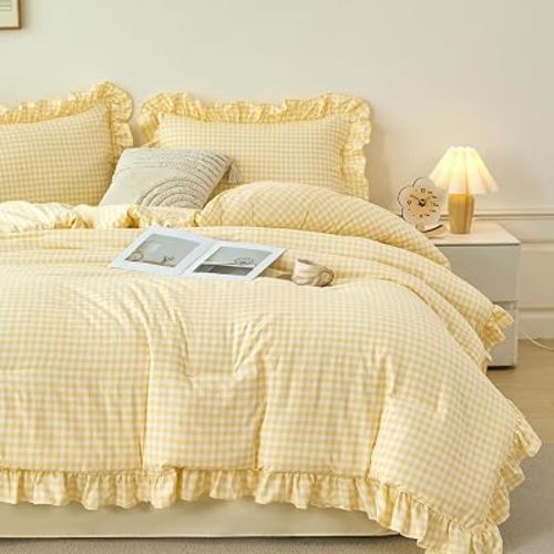Yellow Gingham Comforter Set 5 Pcs Plaid Ruffle Full Bed in a Bag