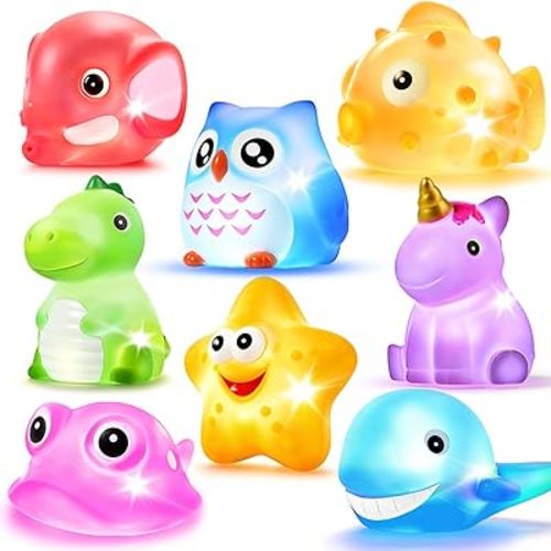 Bath Toys, 8 Pcs Light Up Floating Rubber Animal Toys Set, Flashing Color Changing Light in Water, Baby Infants Kids Toddler Child Preschool Bathtub Bathroom Shower Games Swimming Pool Party