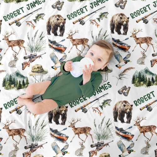 Personalized Hunting Blanket: Custom Fleece Baby Blanket, Bear & Deer