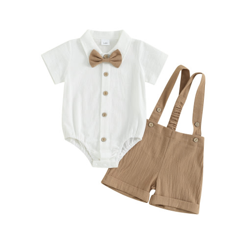 Mevireiy Baby Boys Suspender Overalls Shorts Gentleman Outfit Bow Tie Dress Shirt Tops,Brown,0-3 Months