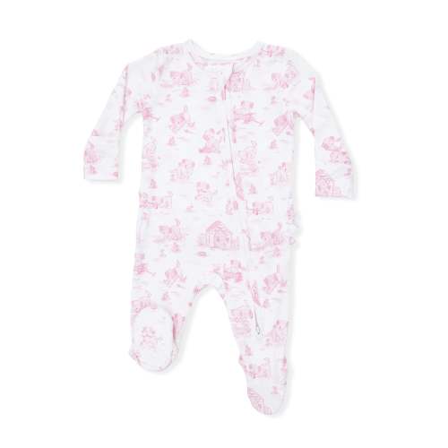 Puppy Toile Pink - 2 Way Ruffle Back Zipper Footie