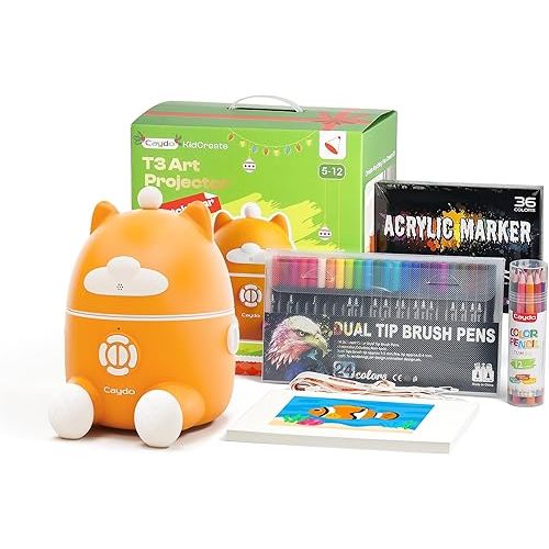 Caydo T3 Smart Drawing Projector Kit, Includes 12 Colored Pencils, 36 Acrylic Paint Markers, 24 Watercolor Markers & 50 Sheet Drawing Paper, Art Gift for Kids Ages 5-10 for Birthday & Christmas