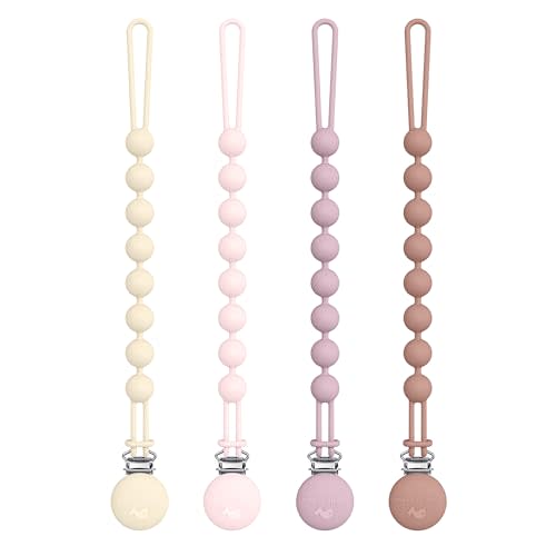 Cuddle Campus Silicone Pacifier Clip Holder with One Piece Design, Pack of 4 Soft Flexible Binky Clips with Texture for Baby Boy and Girl