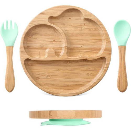 Suction Plates for Baby & Toddler, Bamboo Divided Platter Feeding Dishes with Silicone Fork& Spoon, All-Natural Baby Food Plate Stays for Baby-Led Weaning, Non-Slip Design