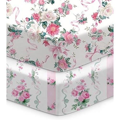 Baby Crib Sheets for Standard Crib Mattress - Pink Roses Pattern, Breathable and Soft, Safe and Snug, Fits 28''x52''x9'' Deep Pocket