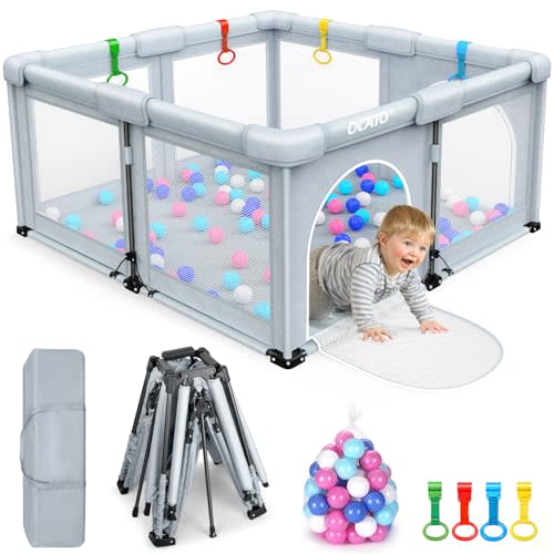 OCATO Baby Playpen: Foldable Playpen for Babies and Toddlers Large Play Pen Portable Playpen Fence Indoor Outdoor Kids Safety Area Travel Play Yard with 1 Storage Bags 4 Handlers 50 Balls (50" × 50")