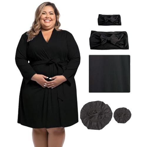 SUFEINI Maternity Robe and Matching Swaddle Blanket Set, Plus Size Women Postpartum Robes Sleepwear New Mommy Gift