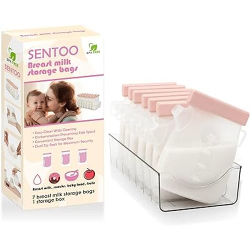 7 Pcs Breastmilk Storage Bags with a Fridge Organizer Bin, Reusable Breastfeeding Essentials, 11oz/320ml Double Leak-Proof Breastmilk Freezer Bags for Breastfeeding, Postpartum Essentials