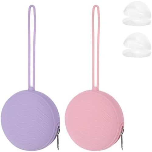 2 Pack Pacifier Holder Bag, 2 Newborn Baby Portable Silicone Pacifier Holder Case, Silicone Holder for Diaper Bag, Travel Outdoor Activities, Easy to Clean (Pink,Purple)