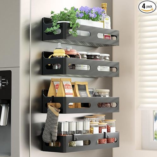 Sevenblue 4 Pack Strong Magnetic Spice Rack for Refrigerator, Multipurpose Magnetic Shelf for Fridge with 4 Hooks for Kitchen and Bathroom Organization, Black