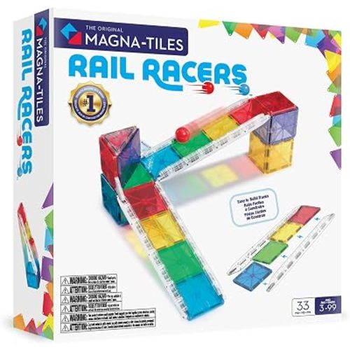 MAGNA-TILES Rail Racers Magnetic Construction Set, 33-Piece Set with Track Rails, Ages 3+, 30x6.5x30.5 cm, Educational STEM Building Toy