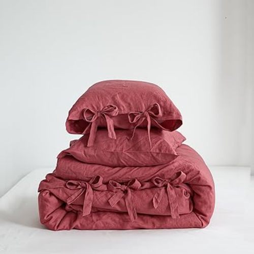 Simple&Opulence 100% French Linen Duvet Cover Set, 3 Pieces Belgian Flax Breathable Bedding, King Size 104''x92'' (1 Comforter Cover+2 Pillowshams) with Tie Closure Style, Red