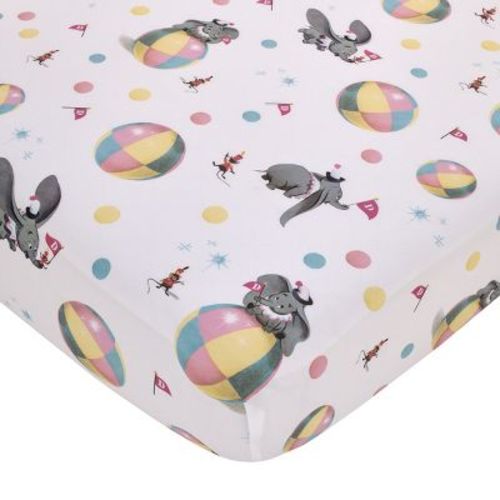 NoJo Disney Dumbo Gray, White and Multi-Colored Circus Flags, Balls and Timothy Mouse Nursery Fitted Crib Sheet