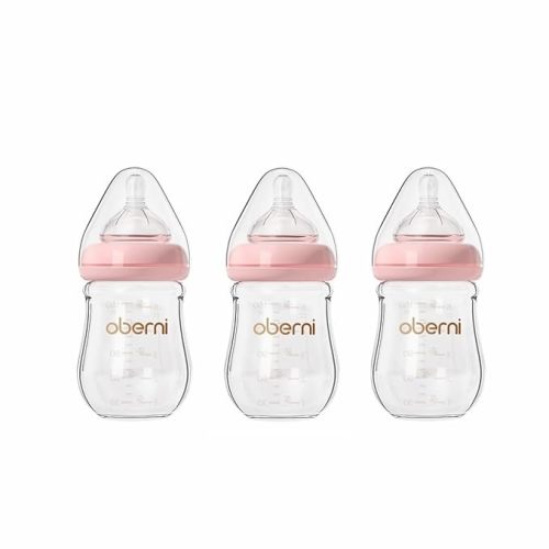 Oberni Glass Baby Bottles,Anti Colic Breastfeeding Bottle with Natural Response Nipple Size S,Wide Neck Slow Flow Baby Bottle for Baby,Newborn,Preemie 0-3 0-6 Month,BPA Free (Pink, 5 Ounce，3 Pack)