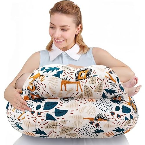 Nursing Pillow for Breastfeeding - Ergonomic Comfort & Support Baby Pillow for Bottle Feeding and Breastfeeding, Easier and Healthier Nursing, Firm Fiber Fill, with Removable Pillow Cover (Lion)