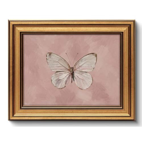 Vintage Gold Framed Pink Butterfly Canvas Wall Art 9x11in | Cottagecore Botanical Wall Decor Picture White Butterfly Moody Insect Artwork Poster Print for Bedroom Living Room Bathroom
