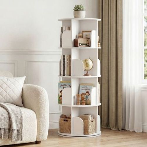 4 Tier Rotating Bookshelf, 360° Spinning Freestanding Bookcase, White Storage Organizer for Bedroom, Living Room
