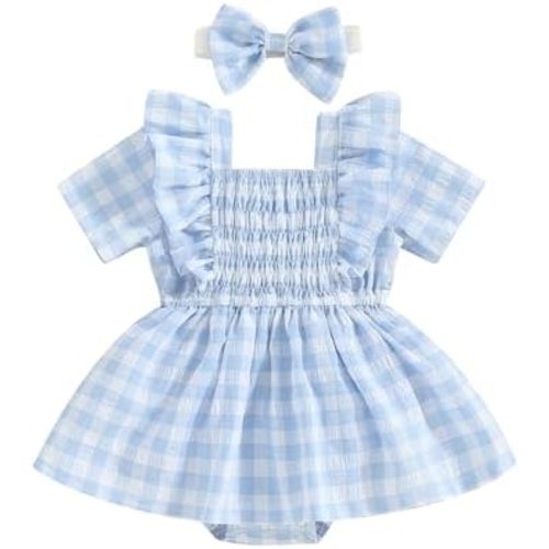 Infant Toddler Baby Girl Summer Clothes Short Sleeve Plaid Romper Jumpsuit Dress One Piece Bodysuit Summer Outfit