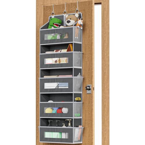 5-Tier Over The Door Storage Organizer with 10 Side Mesh Pockets, 48 lbs Load Capacity, 3 Hooks Design, Door Hanging Organizer with Clear Windows for Bathroom, Bedroom, Nursery, Kitchen-Grey