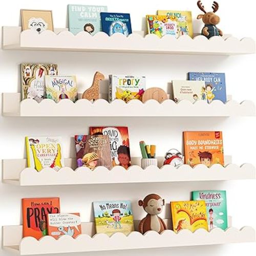 Scalloped Wall Bookshelves for Nursery, Floating Wooden Book Shelves for Kids Room, White Nursery Shelves for Wall, Baby & Toddler Room Decor