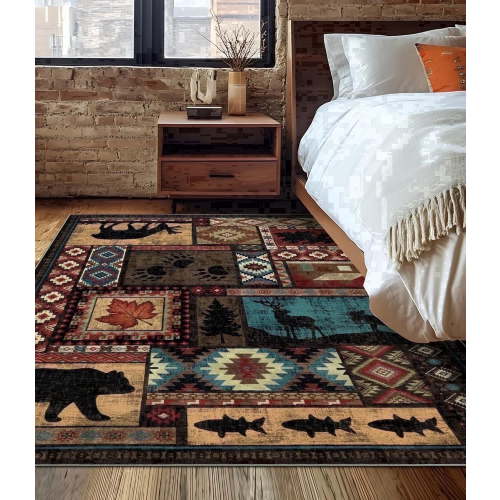CHAKME 6'x9' Rustic Cabin Lodge Area Rug Machine Washable Non Slip Bear Deer Southwestern Pattern Low Pile Floor Mat Living Room Bedroom