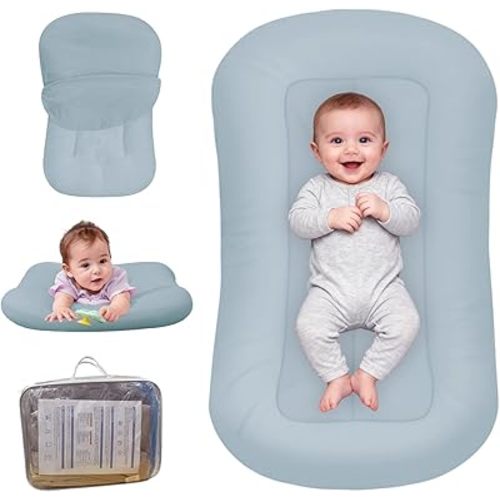 Baby Lounger for Newborn, Bionic Design Baby Lounger, Soft Organic Cotton Breathable Lounger for Infants 0-18 Months (Grayinsh Blue)