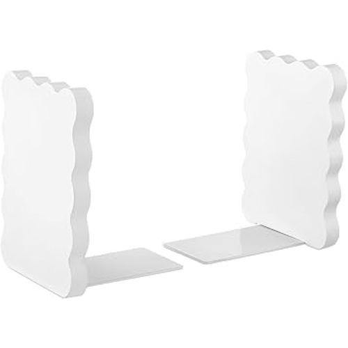 Skyygemm White Wood Scalloped Bookends for Shelves, Non Slip Decorative Cute Aesthetic Preppy Heavy Duty Book Ends Organizer Stopper for Nursery Home Decor Office