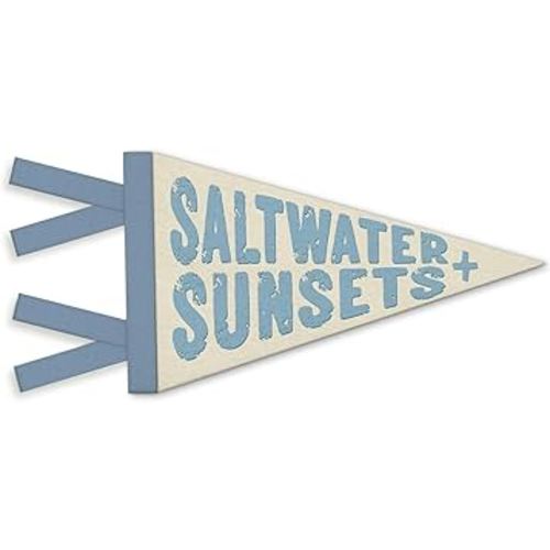 Beachy Room Decor, Saltwater and Sunsets Wall Felt Pennants Banners Flags, Retro Blue Coastal Beach Wall Hanging Decor for Boys Nursery Bedroom Room Dorm Beach House