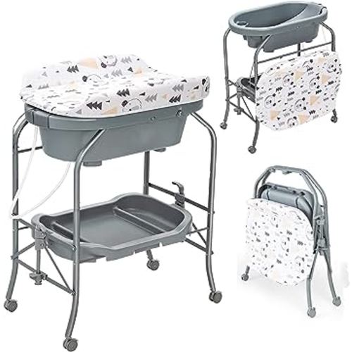 HONEY JOY Baby Changing Table with Bathtub, Foldable Infant Diaper Changing Station with Wheels, Storage Tray, Waterproof Pad, Portable Newborn Nursery Organizer Bath Stand for Boys Girls (Gray)
