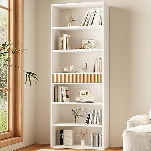 72" Tall Bookshelf with Storage, 7-Tier Bookcase Fluted with Drawer, Display Book Shelf Book Organizer with Anti-tip Device, Home Decor Wood Furniture for Bedroom, Living Room and Office, White