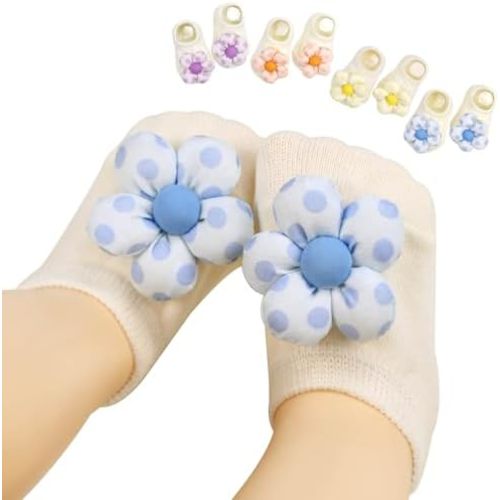 4Packs Baby Girls Socks,Flower Non-Slip Grips for Babies Toddler Princess Low Cut Ankle Socks for Girls