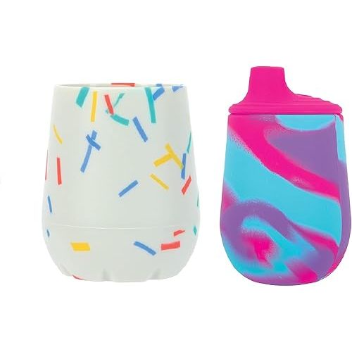 Nuby Silicone Confetti/Sprinkles First Open Training Cup - 2oz Silicone Pink/Purple Tie-dye First Training Cup with Free Flow Soft Spout - 6oz, 6+ months