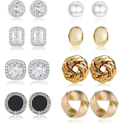 8 Pairs Stud Earrings Set for Women Cubic Zirconia Halo Studs Gold Knot Twist Stud Earrings Faux Pearl Simple Post Earrings for Women