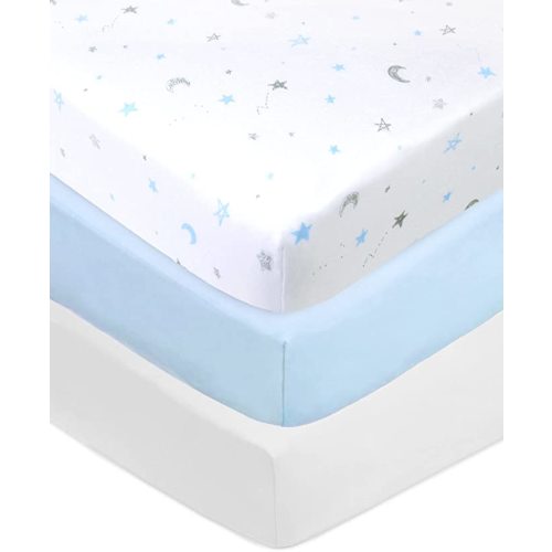 American Baby Company 3 Pack 100% Natural Cotton Fitted Crib Sheets 52" x 28" - Soft, Breathable, Hypoallergenic & Gentle Toddler Bed Sheets, Blue Stars/Blue/White, Neutral for Boys & Girls