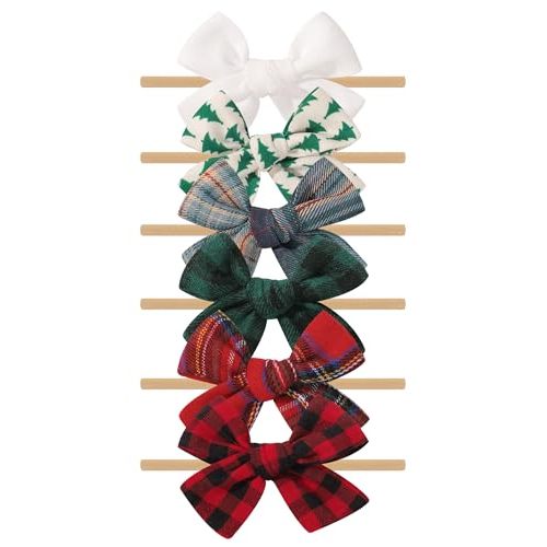 doboi 6PCS Christmas Baby Girls Headbands Hair Bows Nylon Cotton Linen Hairbands Fine Handmade Hair Accessories for Newborn Infant Toddlers Little Girls- Red Green Plaid