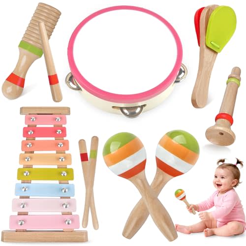 Baby Musical Instruments for Girls-Montessori Wooden Toys for Toddlers 1-3,Percussion Instruments Set with Xylophone Preschool Educational 3+ Christmas Birthday Gift for 1 2 3 Year Girl (Pink)