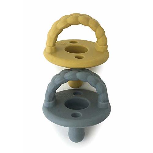 Itzy Ritzy Sweetie Soother Pacifier Set of 2 - Silicone Newborn Pacifiers with Collapsible Handle & Two Air Holes for Added Safety; Set of 2 in Dark Gray & Yellow, Ages Newborn & Up