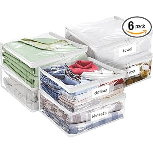 Plastic Storage Bags with Easy-Glide Zipper, Pack of 6, Durable Clear Vinyl Zippered Storage Bags for Clothes Sweaters Comforters Blankets Sheets Bedding (15.7 x 13.8 x 3.9 Inch, White)
