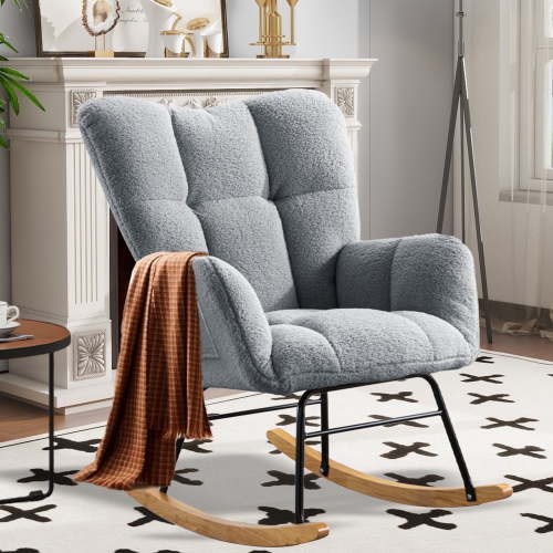 SENCHO GINSYTALIOR Nursery Rocking Chair Teddy Upholstered Glider Rocker,Rocking Accent Chair Padded Seat with High Backrest ,Solid Wood Legs for Nursery Bedroom Living Room(Light Gray）