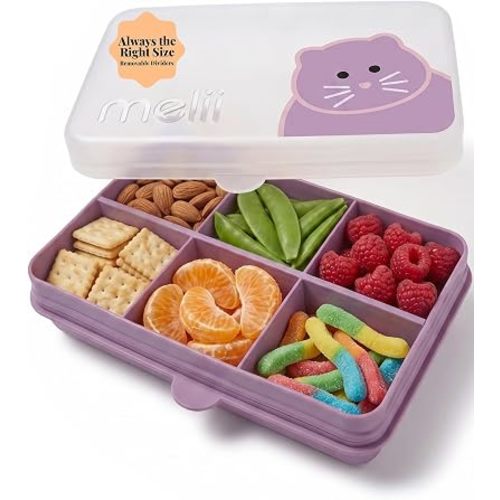 melii Mini boîte à goûter - 6 compartiments, récipient à collation divisé, stockage des aliments pour enfants et adultes, séparateurs amovibles, loisirs créatifs, perles, sans BPA, chat violet