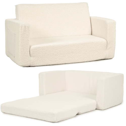 XJD Fold-Out Toddler Couch, 2-in-1 Toddler Soft Couch Fold Out, Extra Wider Seating Convertible Sofa to Lounger for Girls and Boys, Beige