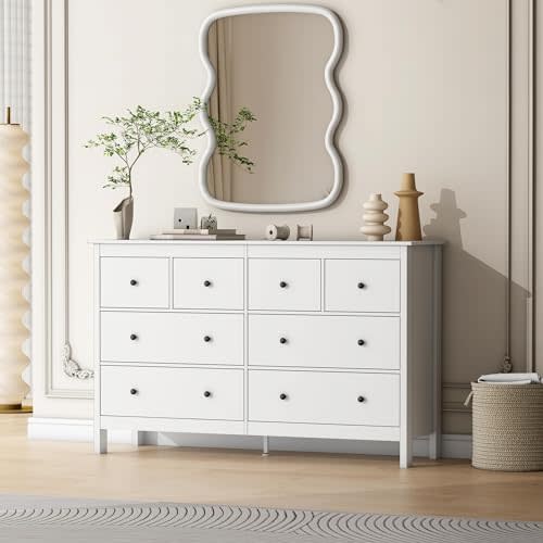 wanan White 8 Drawer Dresser, 50" Modern Wooden Dressers Chests of Drawer, 8 Drawers Dresser for Bedroom