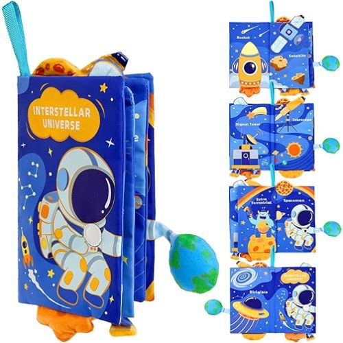 YOGINGO Baby Books - Montessori Toys Interstellar Universe Theme Baby Cloth Books 6 to 12 Months, Soft Stuffed High Contrast Crinkle Infant Sensory Toys, Boys&Girls Kids Early Learning Gifts