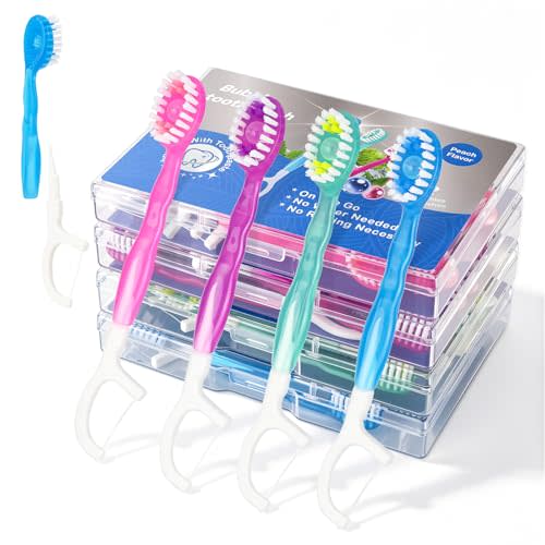 48 Pack Mini Disposable Toothbrushes, 5-in-1 Prepasted Travel Toothbrush with Toothpaste Beads, Floss, Tongue Scraper & Pick, 4 Flavors for Portable Oral Care during Travel, Camping, Office & Home
