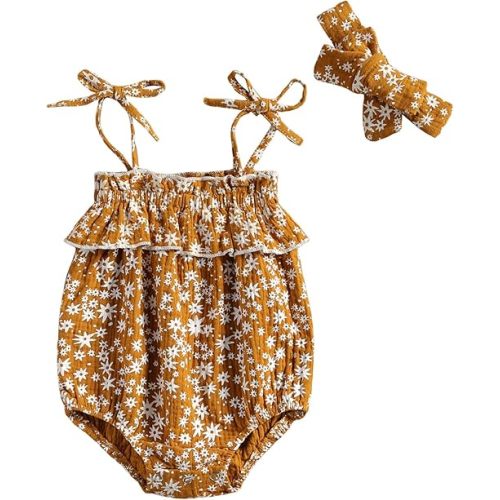 Baby Girls Daisy Playsuits Bodysuit+Headband Print Halter Romper Floral Jumpsuit Infant Onesie Summer Clothes