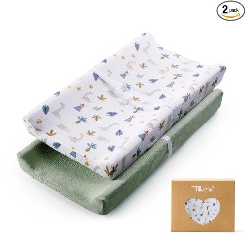 TILLYOU Muslin Changing Pad Cover for Baby Girls Boys, Soft and Breathable Cotton Diaper Changing Table Cover, 2 Pack(Dinosaur)